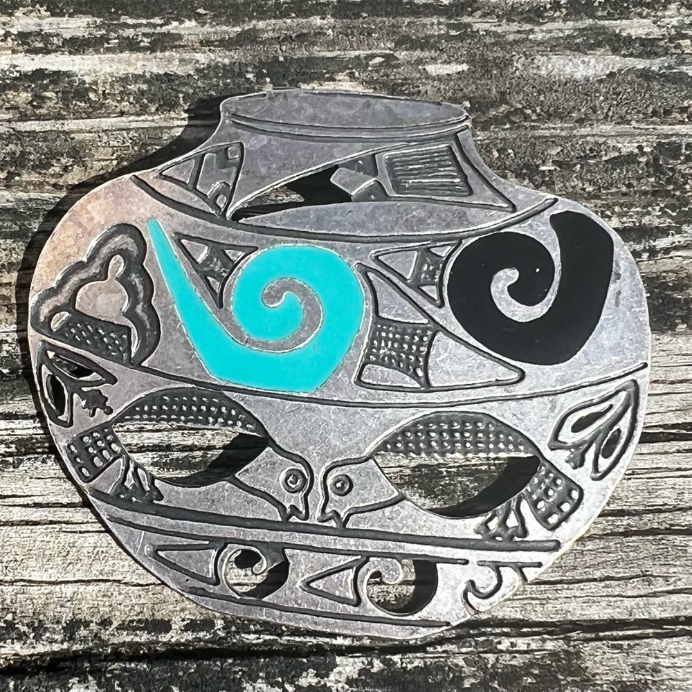 Vtg Turquoise Silver Pottery Pot Brooch Pin Signed NP